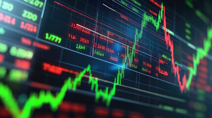 A vivid digital illustration of a stock market graph with rising and falling data points, highlighting fluctuating financial trends in sharp detail.
