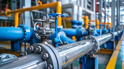 Factory architecture, Valves and steel pipe pumps in large factory building