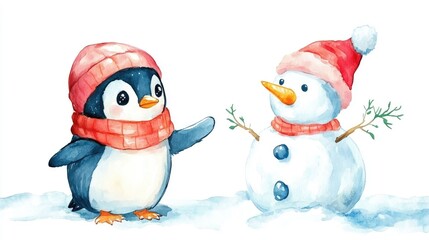 Adorable chibi style penguin character creating a snowy snowman in a whimsical watercolor on a clean white background