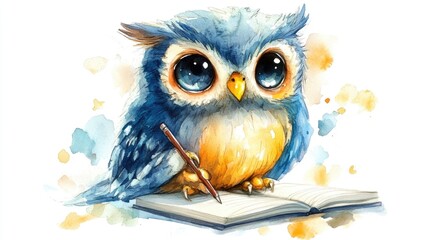 Adorable Chibi Owl Watercolor of Cute Bird Perched and Writing or Drawing in a Notebook on a Simple White Background