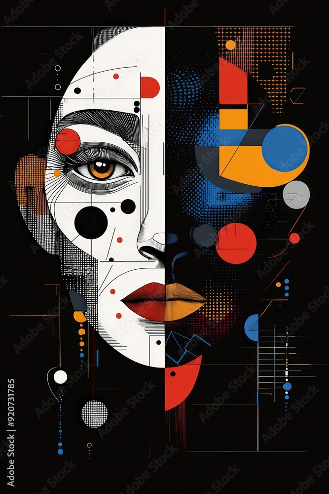 Poster a striking abstract representation of a woman's face, divided by color and shapes, blending artistic