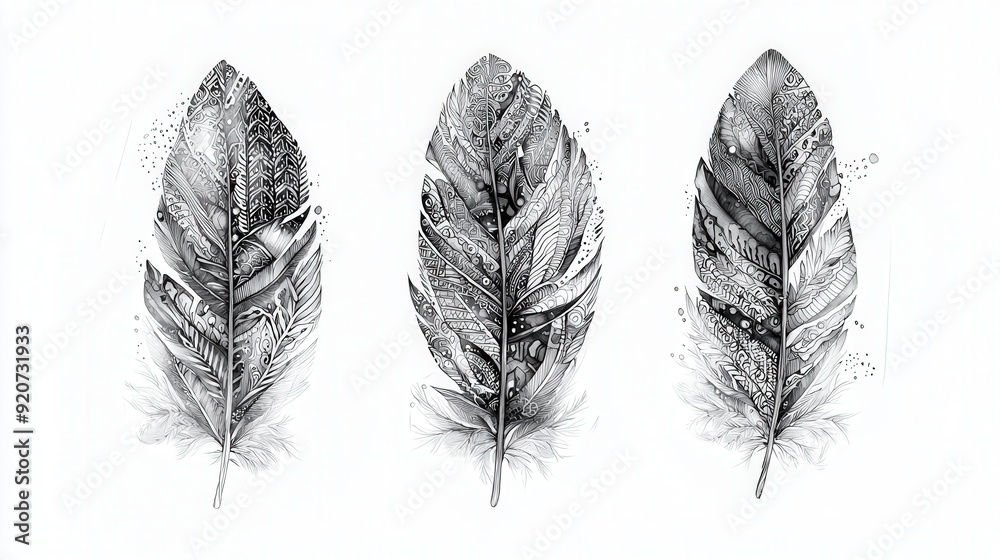 Aufkleber three beautiful feathers feature elaborate designs and textures, displayed against a stark white bac
