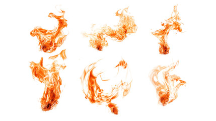 A collection of abstract flame shapes set against a white background, capturing the dynamic and energetic essence of fire in different forms.