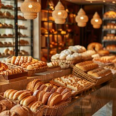 Delicious breads in a bakery, different types of breads on the shelves of the bakery