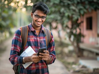 Fototapeta premium Young man in plaid shirt carrying books and a smartphone while walking down a city street.