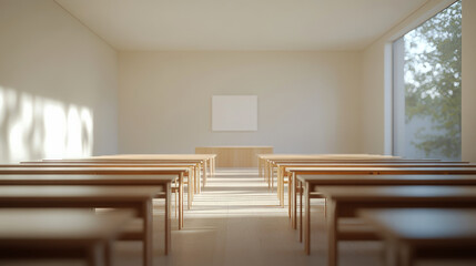 A minimalist and modern empty classroom featuring simple wooden desks arranged in rows, a large window, and natural light providing a serene atmosphere.