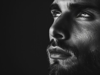 Fototapeta premium Male model with intense gaze, stylized portrait in black and white with dramatic smoke effects.