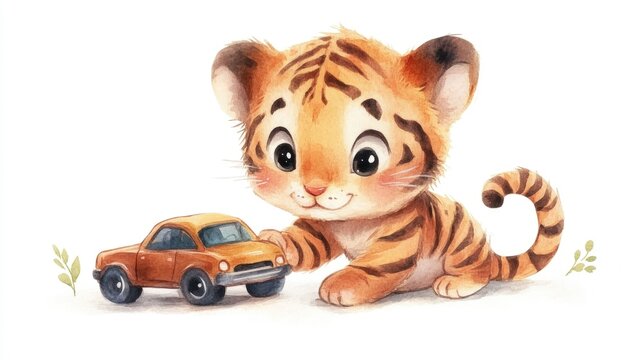 Adorable Chibi Tiger Character in Whimsical Watercolor Happily with a Toy Car on a White Background
