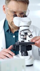 Man scientist with protective glasses using microscope in laboratory. Microbiology science concept