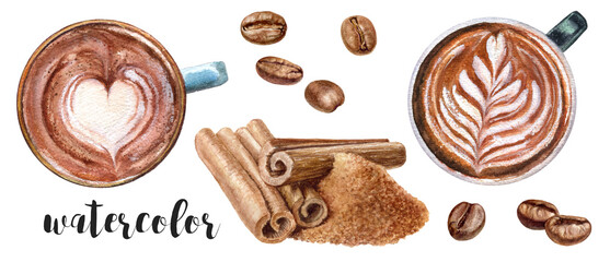 Realistic watercolor painting featuring top-view black coffee, cappuccino, roasted coffee beans, and cinnamon sticks. Perfect for cafe, culinary, and branding designs.