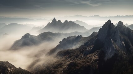 Obraz premium Misty Mountain Range with Rugged Peaks and a Hazy Sky