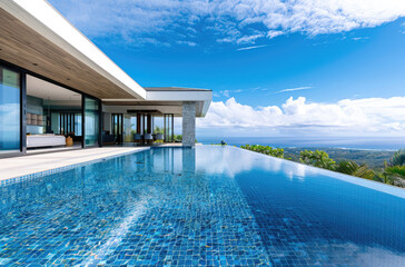 Naklejka na ściany i meble modern mansion with infinity pool, view of hawaii and greenery outside the windows, mid century modern style home with brown roof, white walls, large glass windows and doors