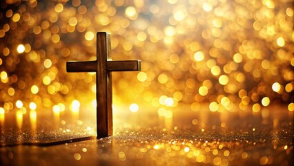 christian cross on beautiful gold bokeh background