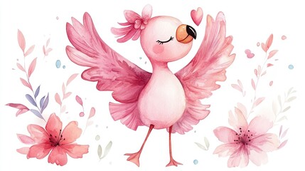 Obraz premium Whimsical and Charming Chibi Flamingo Ballerina in Vibrant Watercolor Artwork Isolated on White Background