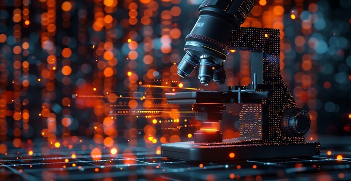 Closeup of a microscope with futuristic digital data and DNA helixes in a hightech lab