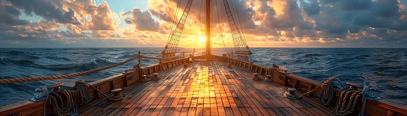 Fototapeta premium Empty wooden deck of a pirate ship at sea, soft morning light casting shadows on the planks