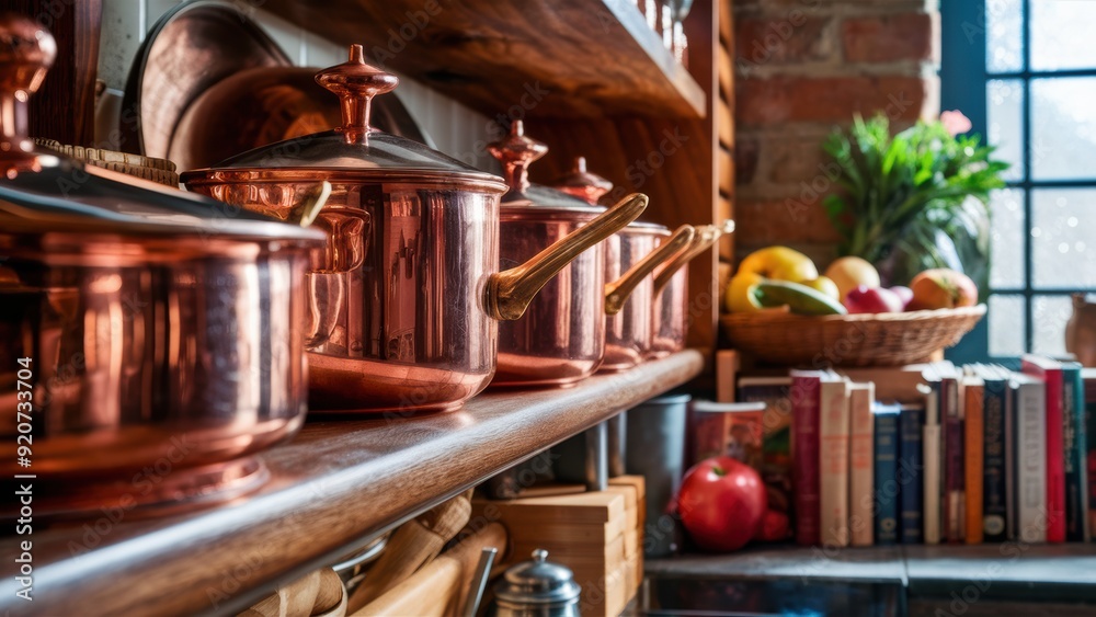 Canvas Prints A shelf with copper pots and pans on it next to a bookcase, AI