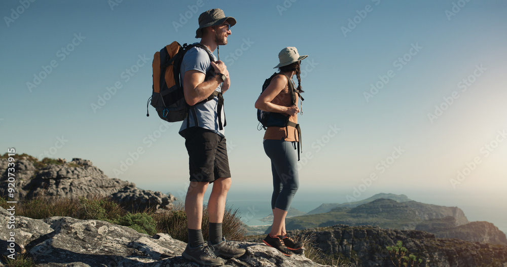 Canvas Prints Mountain, hiking and man with woman on peak for adventure in nature, landscape and travel. Outdoor trekking, couple on cliff and relax in scenic view for natural journey, walking and looking