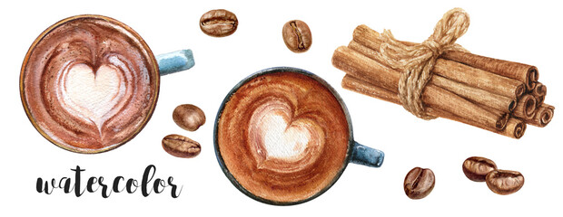 This delightful watercolor illustration beautifully features an array of coffees, aromatic cinnamon, and rich beans. PNG