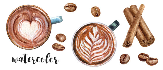 This delightful watercolor illustration beautifully features an array of coffees, aromatic cinnamon, and rich beans. PNG