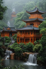 Fototapeta premium Serene waterfalls with traditional architecture, blending nature and culture