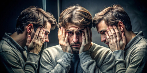 A man stares intently at his reflection in the window, clasping his hands in thoughtfulness, expressing a moment of introspection, contemplation.The man is trying to understand his thoughts.Depressive