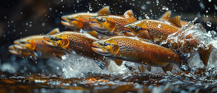 School of salmon swimming upstream, water splashes, dynamic shot
