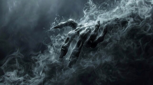 The hand of the grim reaper comes out of the scary smoke