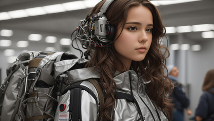  young woman with long brown hair is wearing a large, futuristic-looking backpack and helmet.