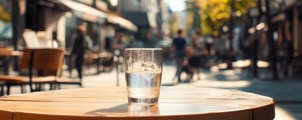 Can glass on a wooden table at an outdoor cafe, with a city street scene and pedestrians in the background, Urban Outdoor Scene, Product Mockup