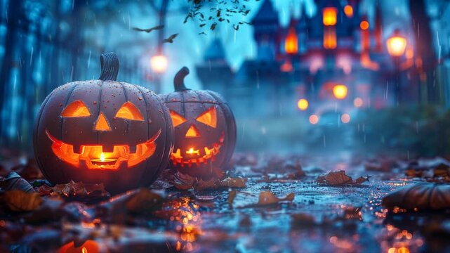 Halloween night with pumpkins on a haunted castle background