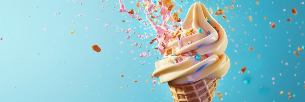Closeup view of exploding tasty cone ice cream.
