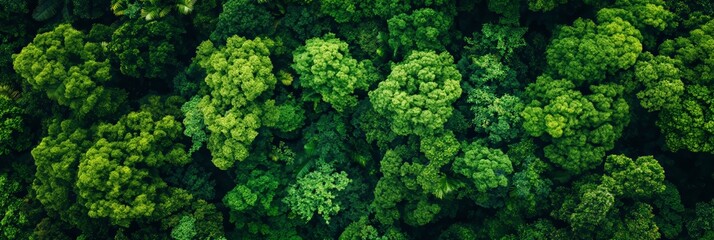 Naklejka premium The image shows a dense and vibrant green forest canopy photographed from above, depicting the lush and healthy ecosystem of the forest.