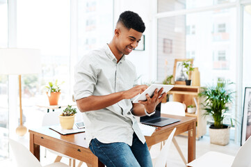 Happy, tablet and business man in office for planning, online networking and project for web design. Creative company, digital agency and person on technology for user interface, research and website