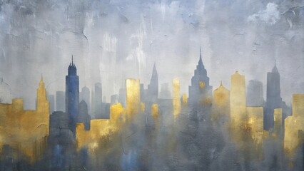 Fototapeta premium Grey, gold and blue cityscape oil painting on a grunge concrete background