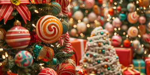 colorful beads, Christmas tree with blur back ground, wallpaper for Christmas, Christmas tree and gifts