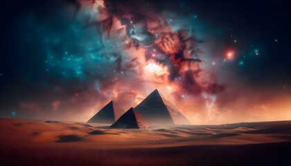 The sentence for naming the image could be: UFO over Egyptian Pyramids at Sunset