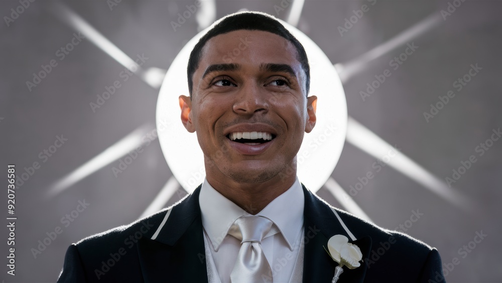 Poster A man in a suit and tie smiling with sun behind him, AI