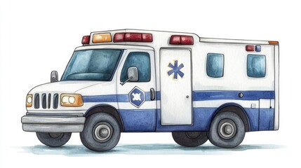 Fototapeta premium Cheerful and Smiling Cartoon Ambulance with Red and Blue Siren Lights in a Whimsical Watercolor on White Background