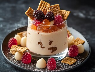 Pudding mousse with a side of artisanal crackers and gourmet gummies, upscale dessert scene