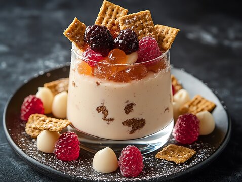 Pudding mousse with a side of artisanal crackers and gourmet gummies, upscale dessert scene