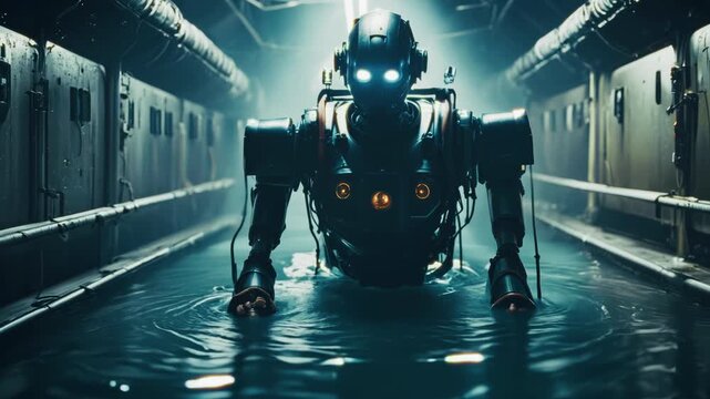 Angry killer soldier robot with glowing eyes walking towards the camera through a flooded hi-tech underground or spaceship tunnel. Dangers of AI. Science-fiction cinematic footage.