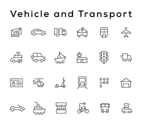 Vehicle and Transport line icon set. Containing car, bike, plane, train, bicycle, motorbike, bus and scooter icons. Transportation Simple line icon collections