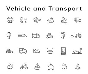 Vehicle and Transport line icon set. Containing car, bike, plane, train, bicycle, motorbike, bus and scooter icons. Transportation Simple line icon collections