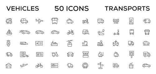 Vehicle and Transport line icon set. Containing car, bike, plane, train, bicycle, motorbike, bus and scooter icons. Transportation Simple line icon collections