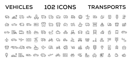 Vehicle and Transport line icon set. Containing car, bike, plane, train, bicycle, motorbike, bus and scooter icons. Transportation Simple line icon collections