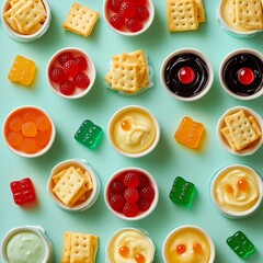 Aerial view of dessert layout with pudding bowls, crackers, and gummies in a geometric pattern, organized snacking