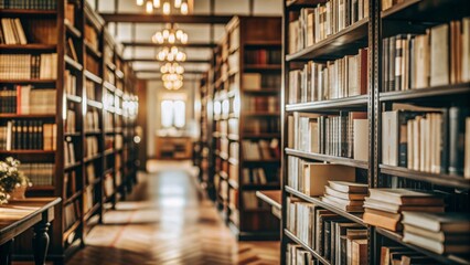 illustration of bookshelf in library with blurred background