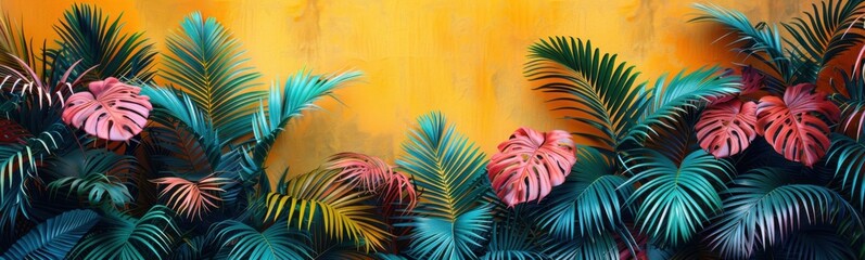 Many different colored leaves on a yellow wall, Plant background, Banner, Copy space