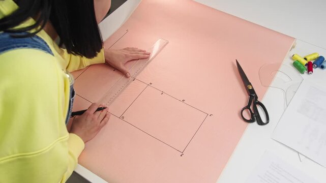 Fashion designer employs a ruler and a marking tool to meticulously trace out a blueprint for the garments. High angle